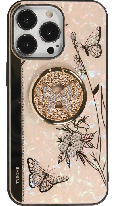 iPhone 13 Pro Case Hülle - Perlmutt Schmetterling Strass mit Videounterstützung - Rosa