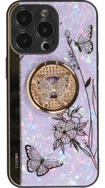 Coque iPhone 13 Pro - Nacre papillon strass avec support vidéo - Violet