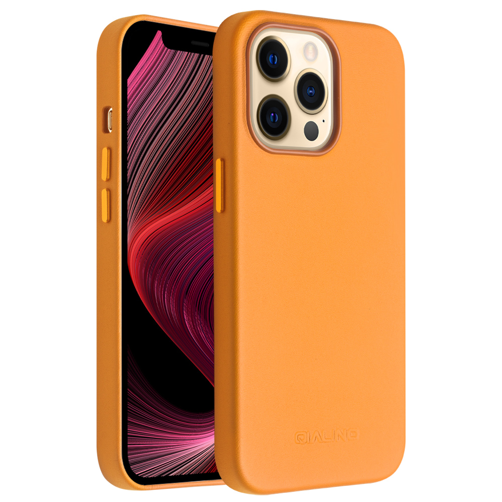 Coque iPhone 14 Pro Max - Qialino cuir véritable (compatible MagSafe) - Orange