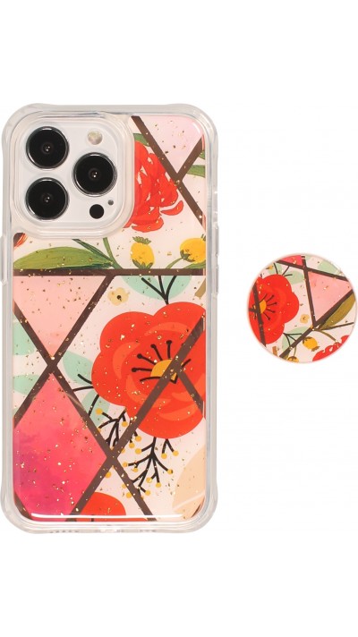 iPhone 13 Pro Case Hülle - Silikon Gel geometrische Streifen mit 3 stufigem Fingerhalter - Flowers - Rot