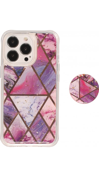 iPhone 13 Pro Case Hülle - Silikon Gel geometrische Streifen mit 3 stufigem Fingerhalter - Liquid - Violett