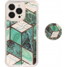 Coque iPhone 13 Pro - Silicone Gel stripes géométriques avec support de doigt à 3 positions - Marble - Turquoise