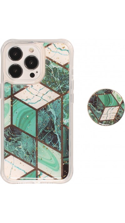 iPhone 13 Pro Case Hülle - Silikon Gel geometrische Streifen mit 3 stufigem Fingerhalter - Marmor - Türkis
