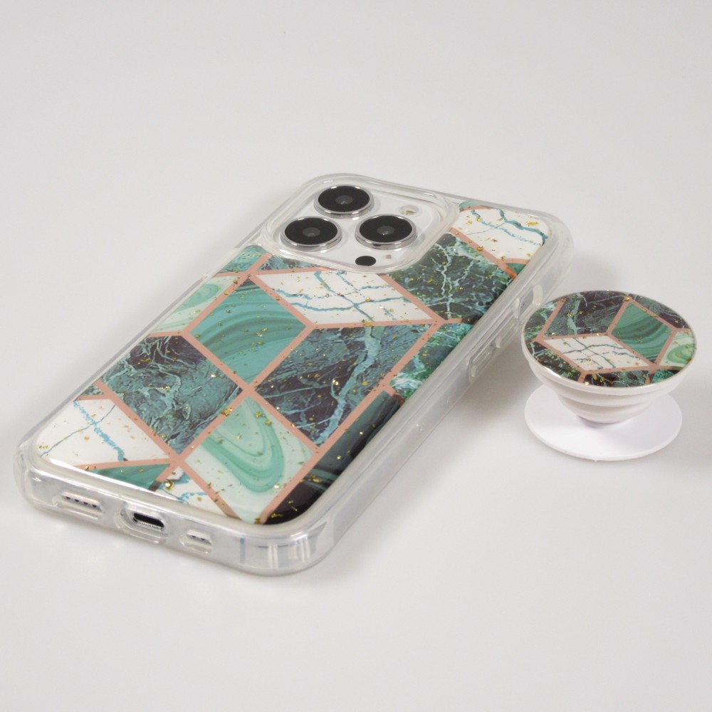 Coque iPhone 13 Pro - Silicone Gel stripes géométriques avec support de doigt à 3 positions - Marble - Turquoise