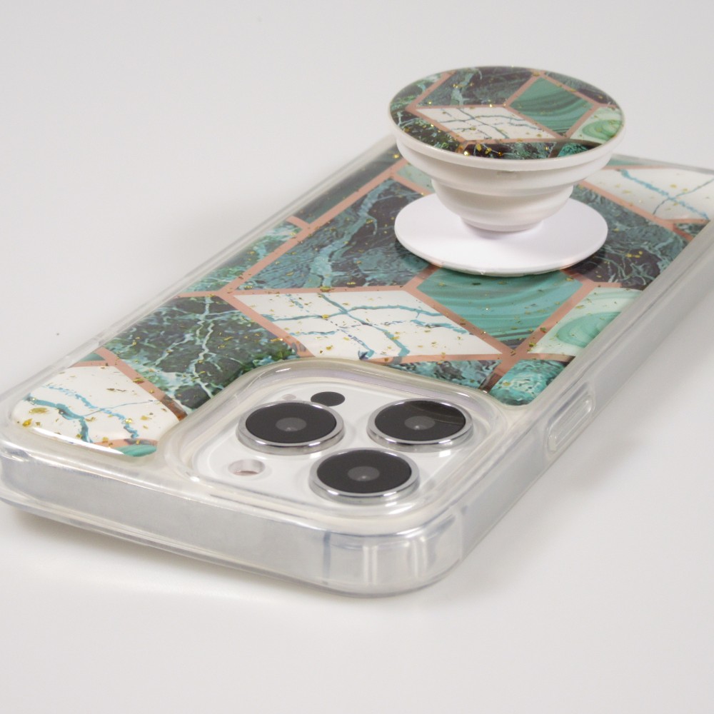 Coque iPhone 13 Pro - Silicone Gel stripes géométriques avec support de doigt à 3 positions - Marble - Turquoise