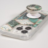Coque iPhone 13 Pro - Silicone Gel stripes géométriques avec support de doigt à 3 positions - Marble - Turquoise