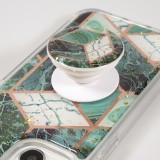Coque iPhone 13 Pro - Silicone Gel stripes géométriques avec support de doigt à 3 positions - Marble - Turquoise