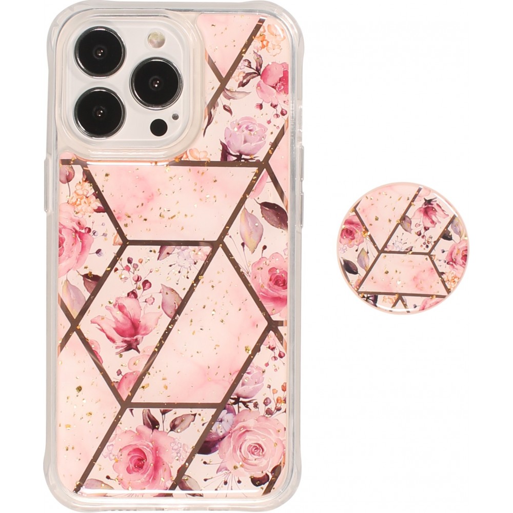 iPhone 13 Pro Case Hülle - Silikon Gel geometrische Streifen mit 3 stufigem Fingerhalter - Roses - Rosa