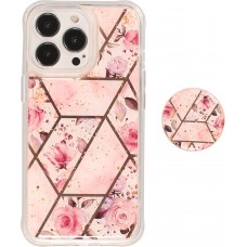 iPhone 13 Pro Case Hülle - Silikon Gel geometrische Streifen mit 3 stufigem Fingerhalter - Roses - Rosa