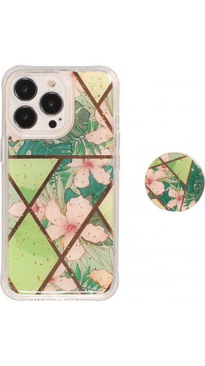 iPhone 13 Pro Case Hülle - Silikon Gel geometrische Streifen mit 3 stufigem Fingerhalter - Spring Flowers - Grün
