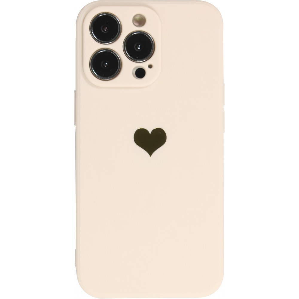 Coque iPhone 15 Pro - Silicone Mat Coeur doré - Beige