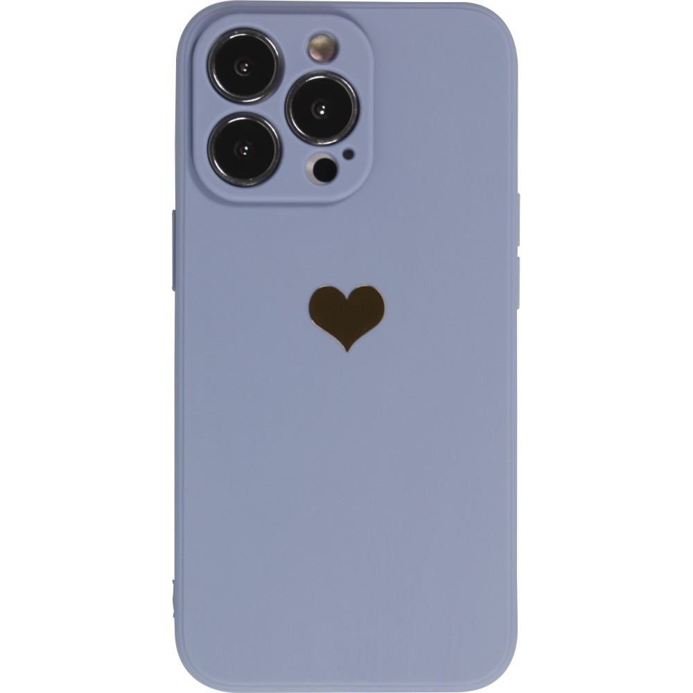 Coque iPhone 14 Pro Max - Silicone Mat Coeur doré - Bleu