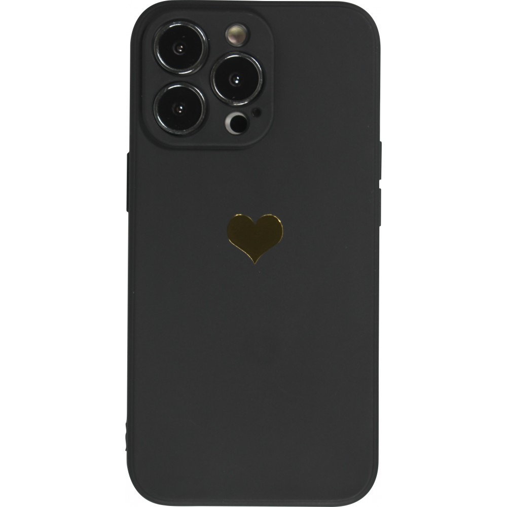 iPhone 15 Pro Case Hülle - Silikon Mat Herz gold - Schwarz