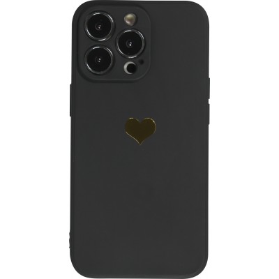 iPhone 15 Pro Case Hülle - Silikon Mat Herz gold - Schwarz