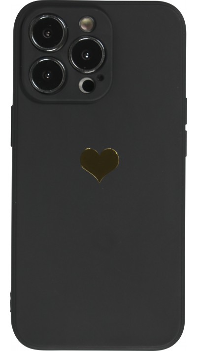 Coque iPhone 14 Pro Max - Silicone Mat Coeur doré - Noir