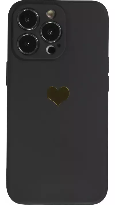 Coque iPhone 15 Pro Max - Silicone Mat Coeur doré - Noir