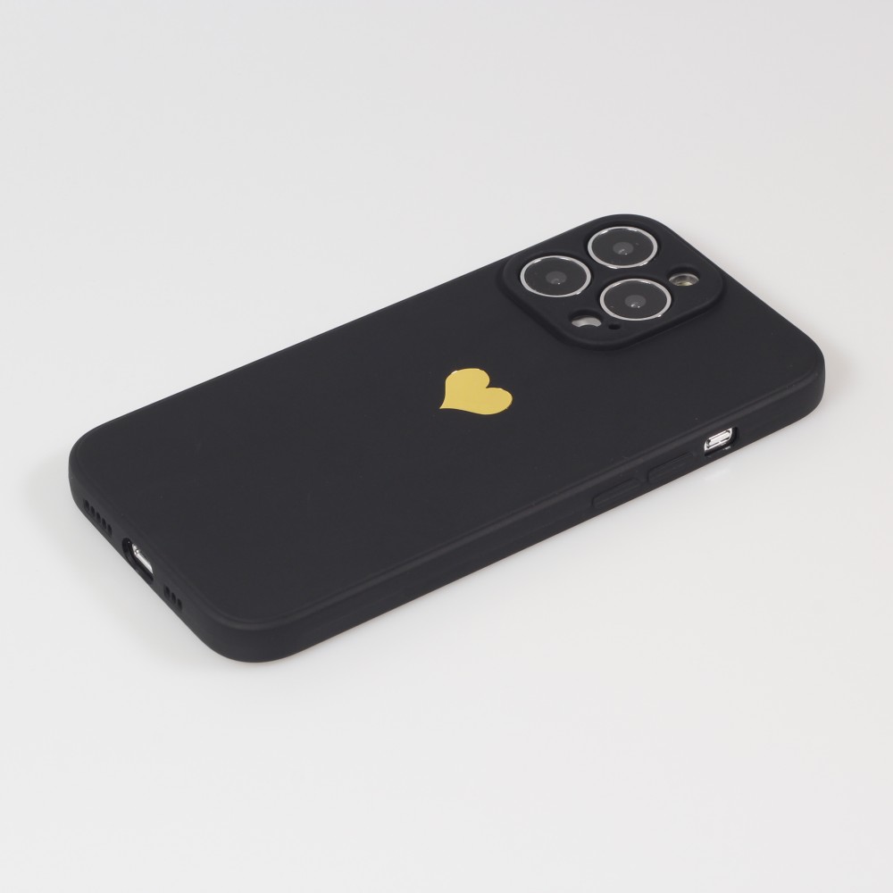 iPhone 15 Pro Case Hülle - Silikon Mat Herz gold - Schwarz