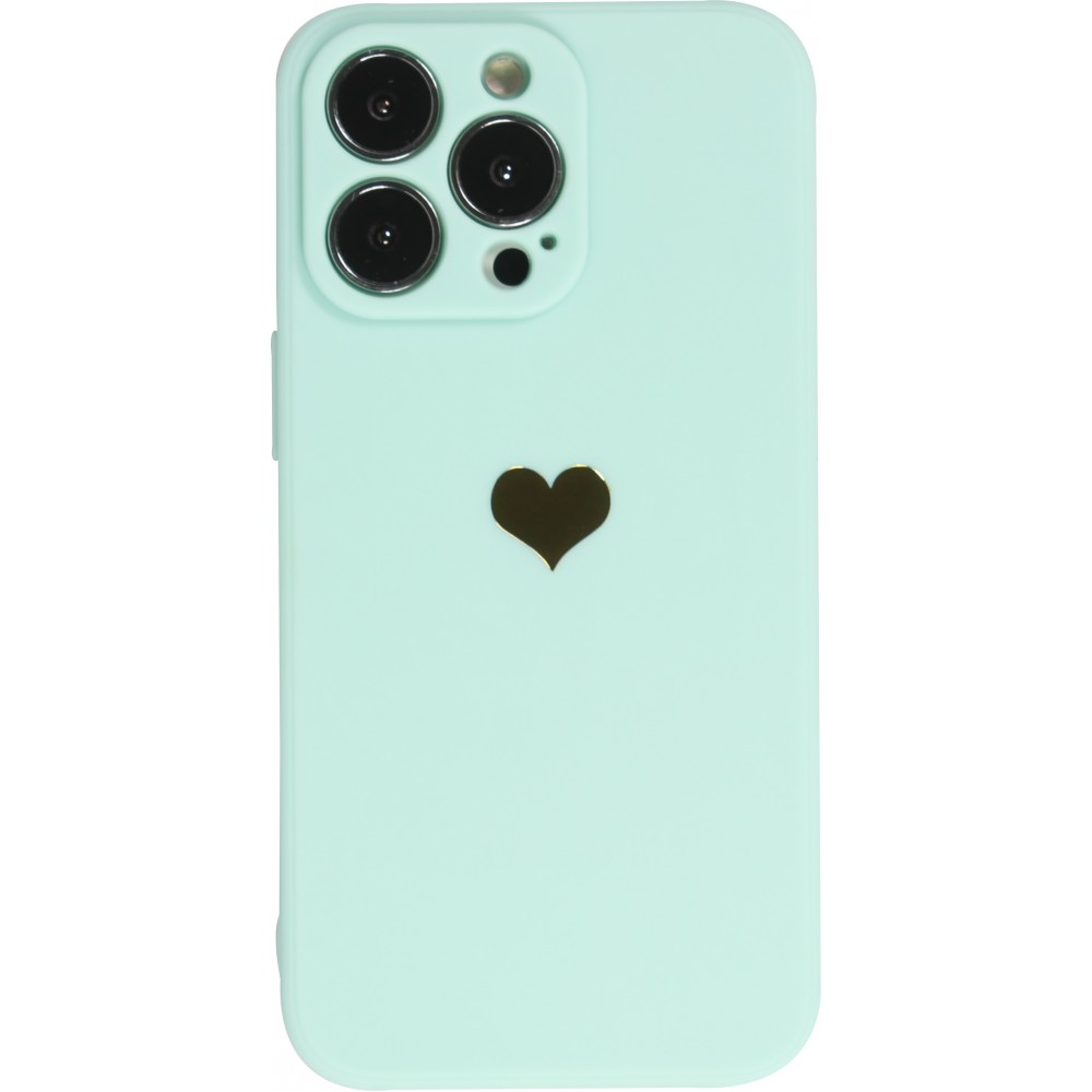 Coque iPhone 15 Pro - Silicone Mat Coeur doré - Turquoise