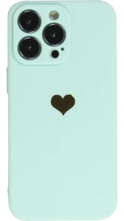 Coque iPhone 15 Pro Max - Silicone Mat Coeur doré - Turquoise