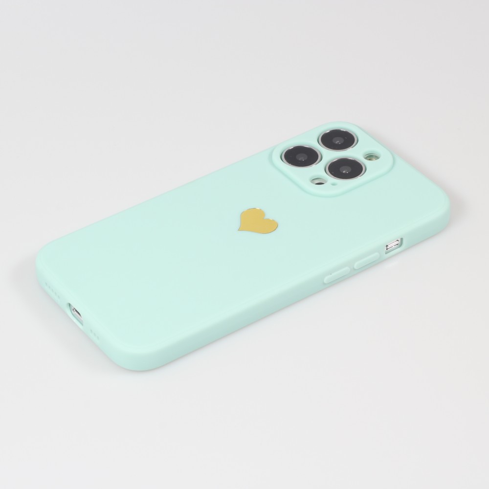 Coque iPhone 15 Pro - Silicone Mat Coeur doré - Turquoise