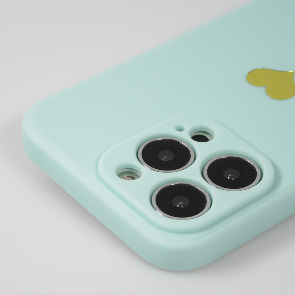Coque iPhone 15 Pro - Silicone Mat Coeur doré - Turquoise