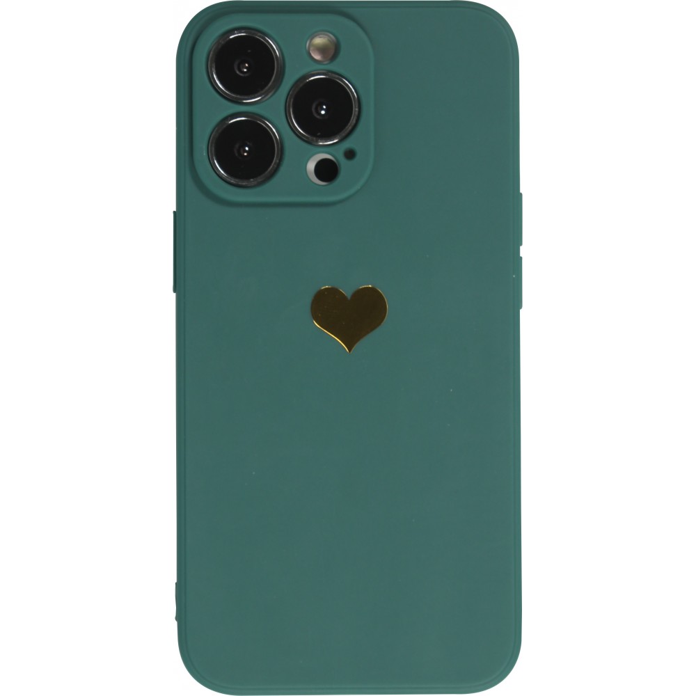 Coque iPhone 15 Pro - Silicone Mat Coeur doré - Vert foncé