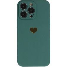 Coque iPhone 15 Pro - Silicone Mat Coeur doré - Vert foncé