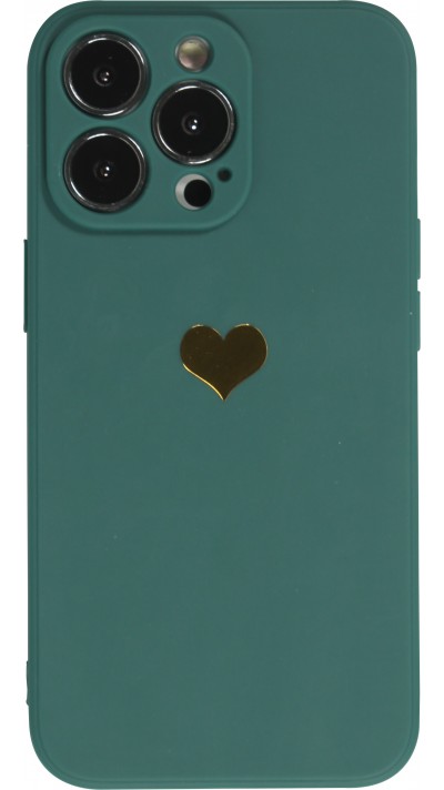 Coque iPhone 14 Pro - Silicone Mat Coeur doré - Vert foncé