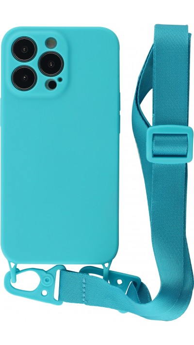 Coque iPhone 13 Pro - Silicone avec lanière et crochet - Bleu clair