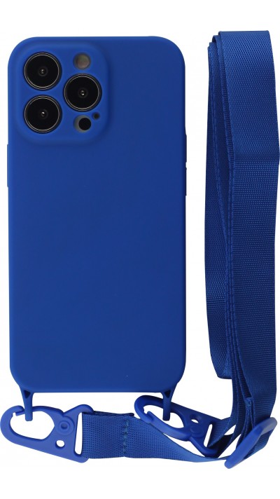 Coque iPhone 13 Pro Max - Silicone avec lanière et crochet - Bleu foncé