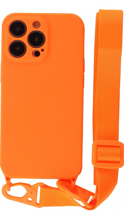 Coque iPhone 13 Pro Max - Silicone avec lanière et crochet - Orange