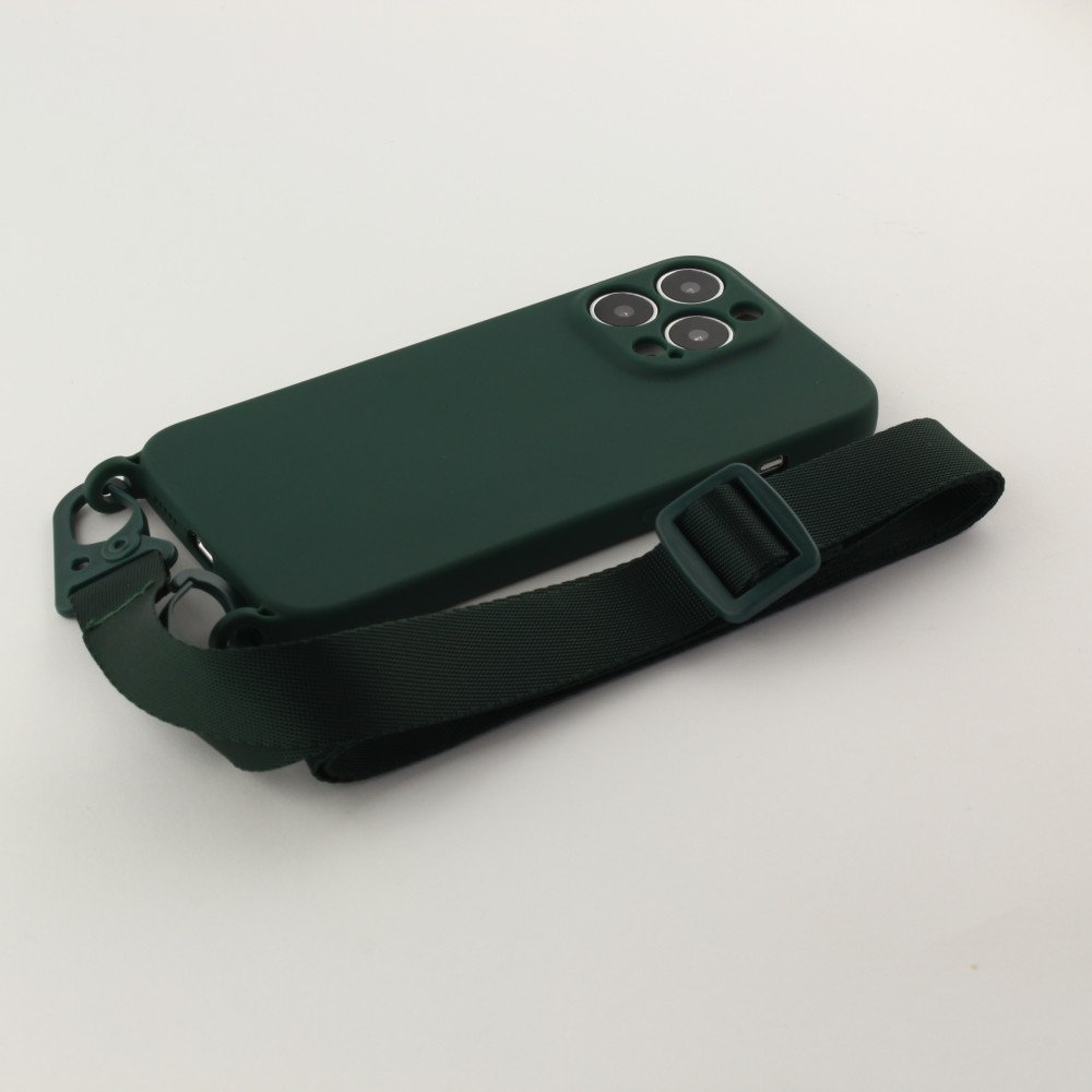 iPhone 13 Pro Case Hülle - Silikon mit Kordel und Haken - Dunkelgrün