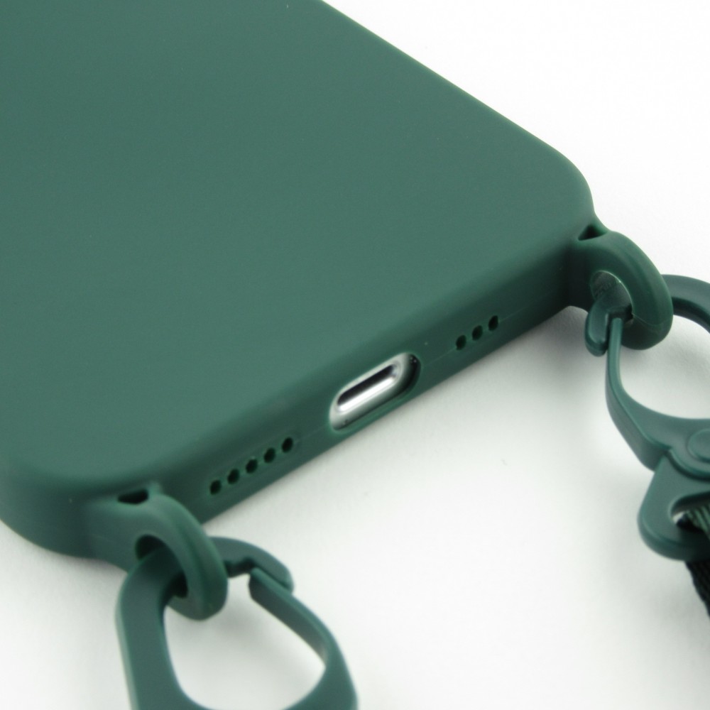 iPhone 13 Pro Case Hülle - Silikon mit Kordel und Haken - Dunkelgrün