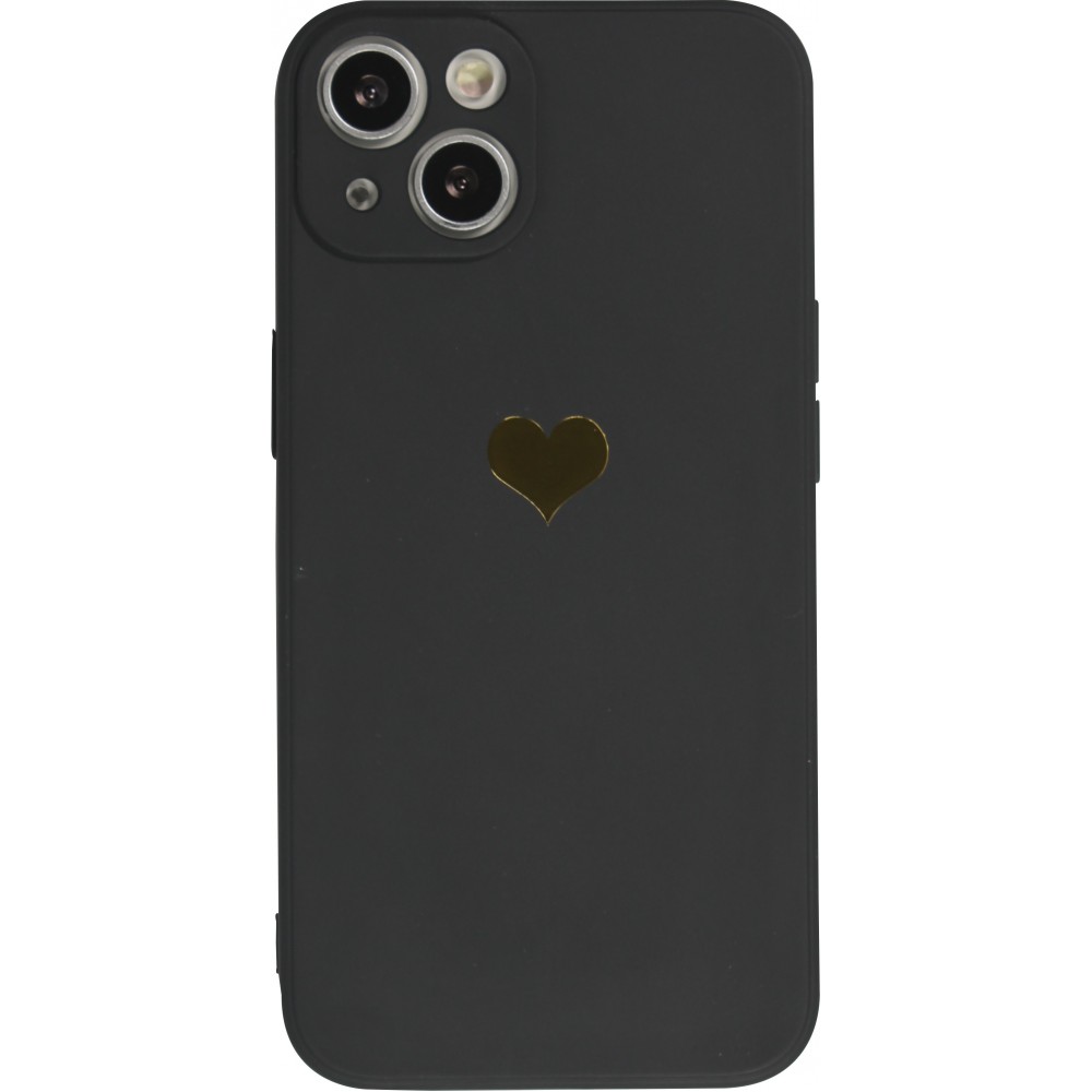 Coque iPhone 15 - Silicone Mat Coeur doré - Noir