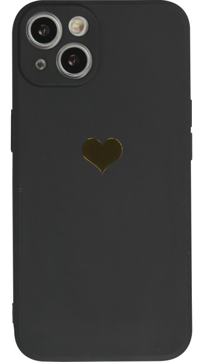 Coque iPhone 14 - Silicone Mat Coeur doré - Noir