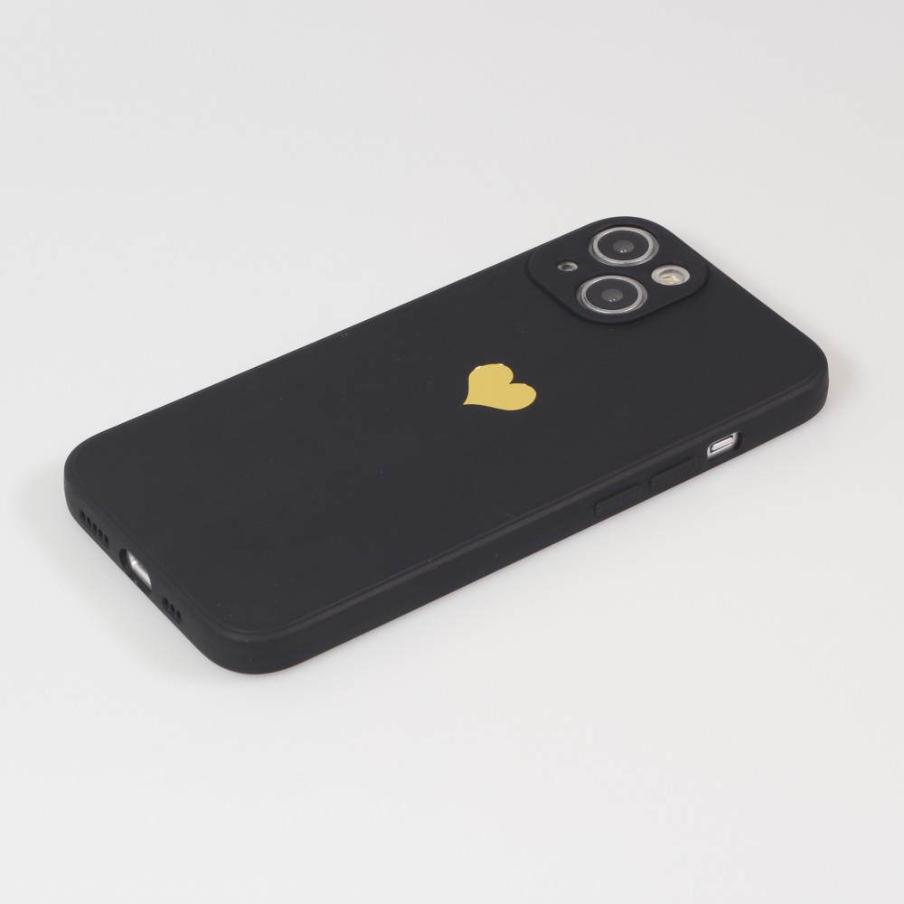 Coque iPhone 15 - Silicone Mat Coeur doré - Noir