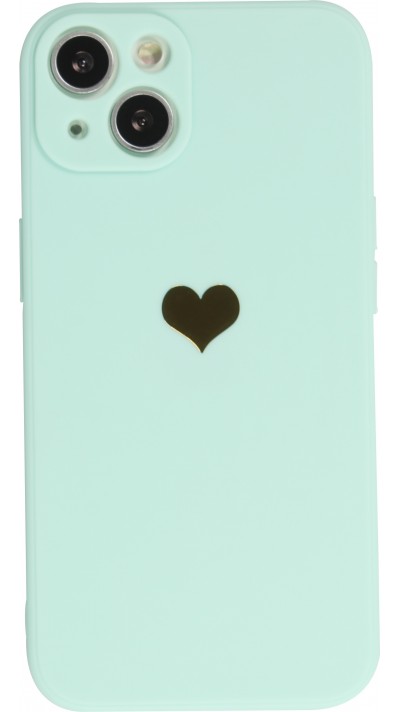 Coque iPhone 15 Plus - Silicone Mat Coeur doré - Turquoise