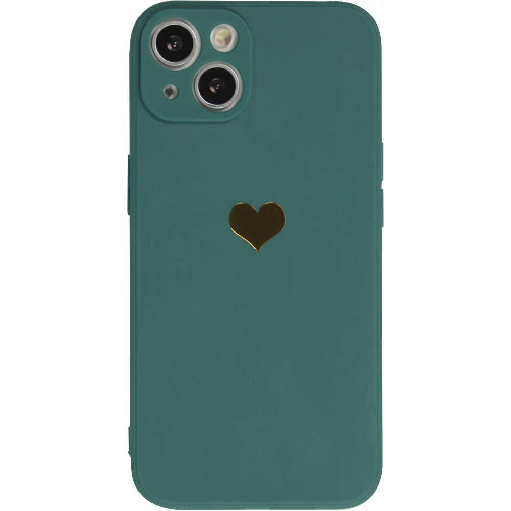 Coque iPhone 15 - Silicone Mat Coeur doré - Vert foncé