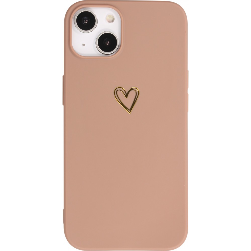 iPhone 16 Plus Case Hülle - Silikon matt Herzdesign gold - Braun