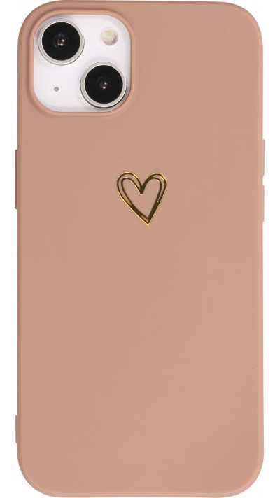 Coque iPhone 14 Plus - Silicone mat dessin cœur doré - Brun