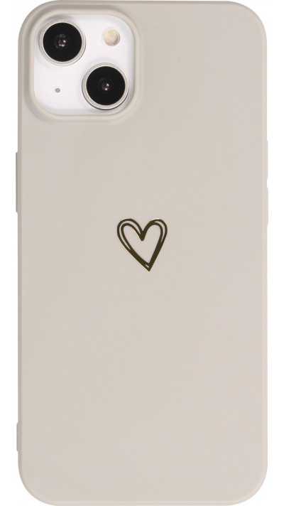 Coque iPhone 14 Plus - Silicone mat dessin cœur doré - Gris