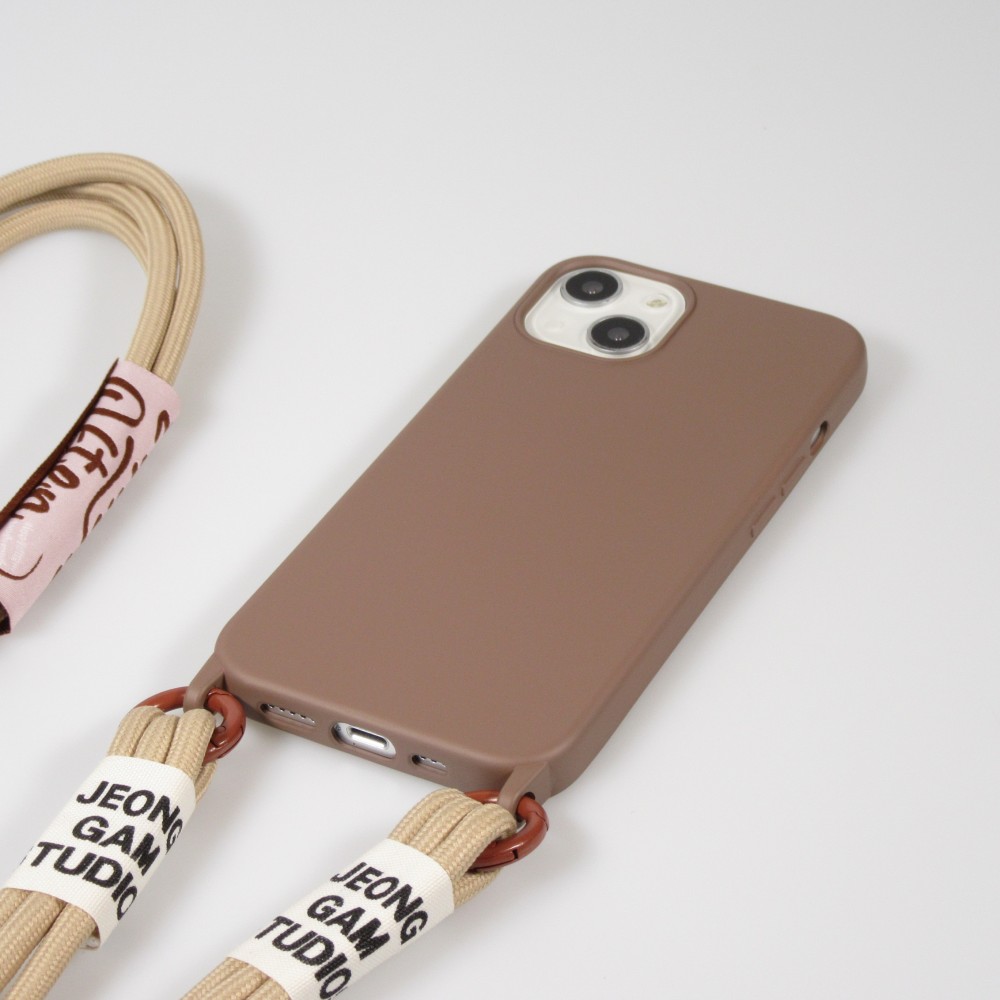 iPhone 14 Pro Max Case Hülle - Silikon Fashion Jeong Gam Studio Laugh Often mit Umhängeseil - Braun