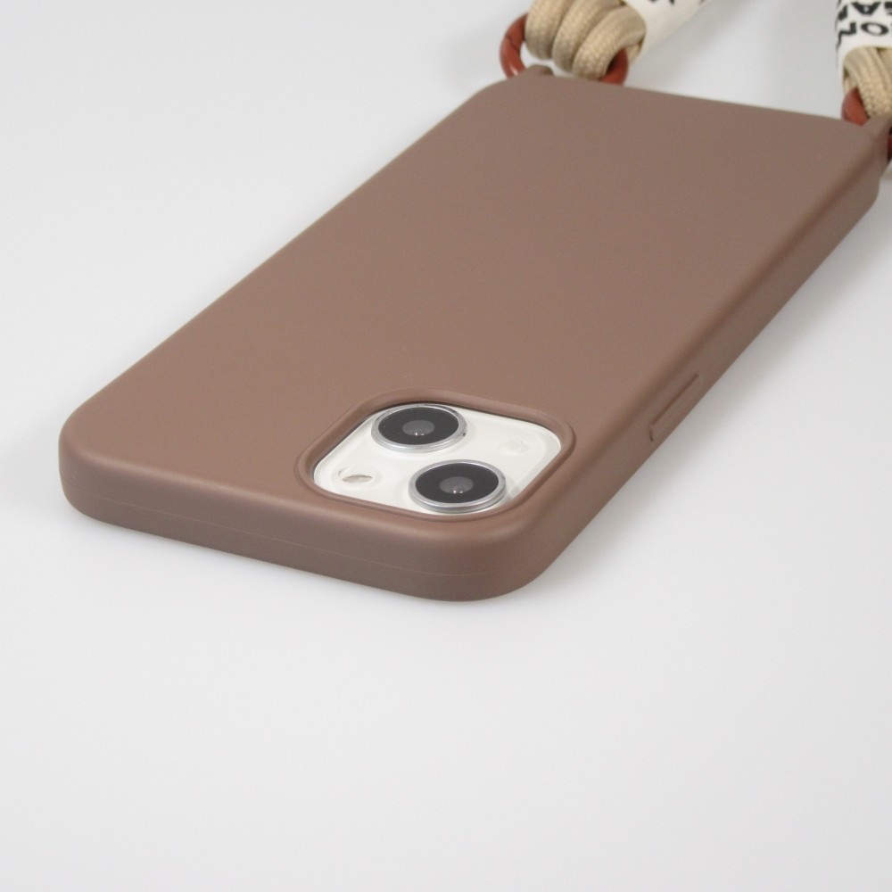 Coque iPhone 14 Pro Max - Silicone souple fashion Jeong Gam Studio Laugh Often avec cordon - Brun