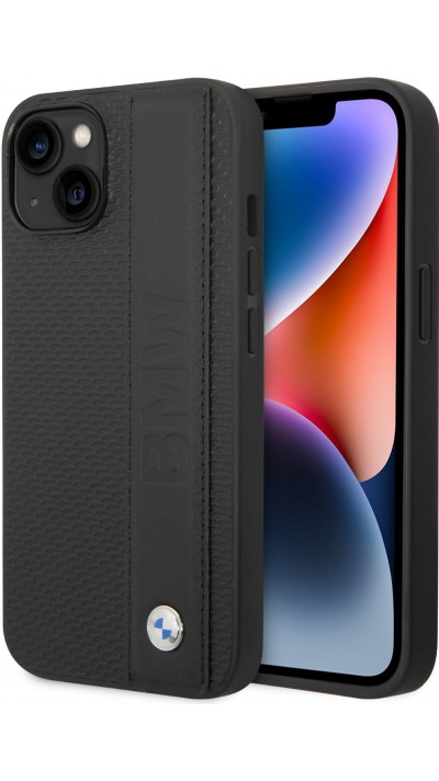 Coque iPhone 14 - BMW Signature Collection avec bandeau en cuir véritable et logo métallique - Noir