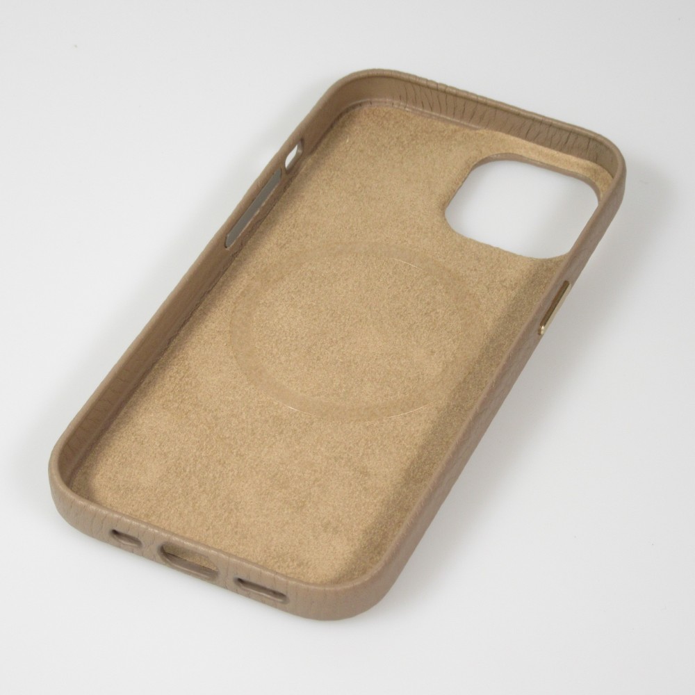 Coque iPhone 14 - Cuir de veau luxe grainé intégral avec boutons métalliques et MagSafe - Beige