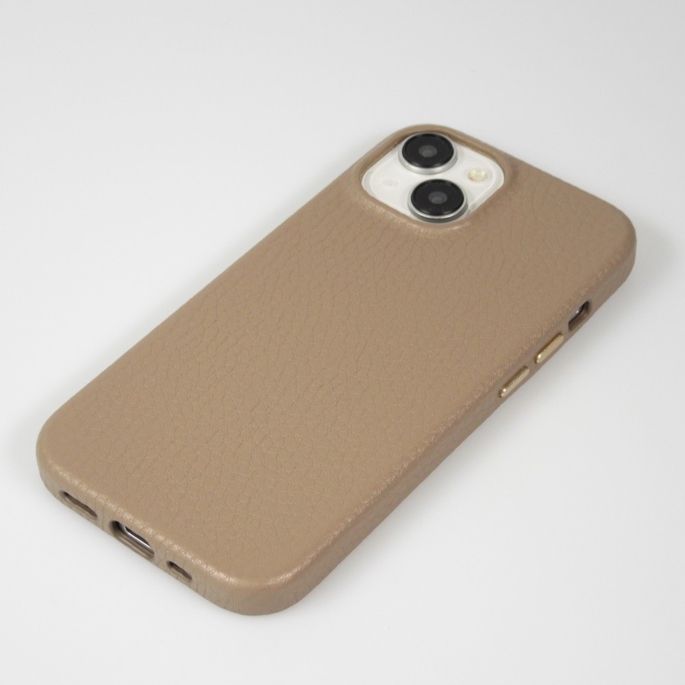 iPhone 15 Case Hülle - Vollständig genarbtes Luxuskalbsleder mit Metallknöpfen und MagSafe - Beige