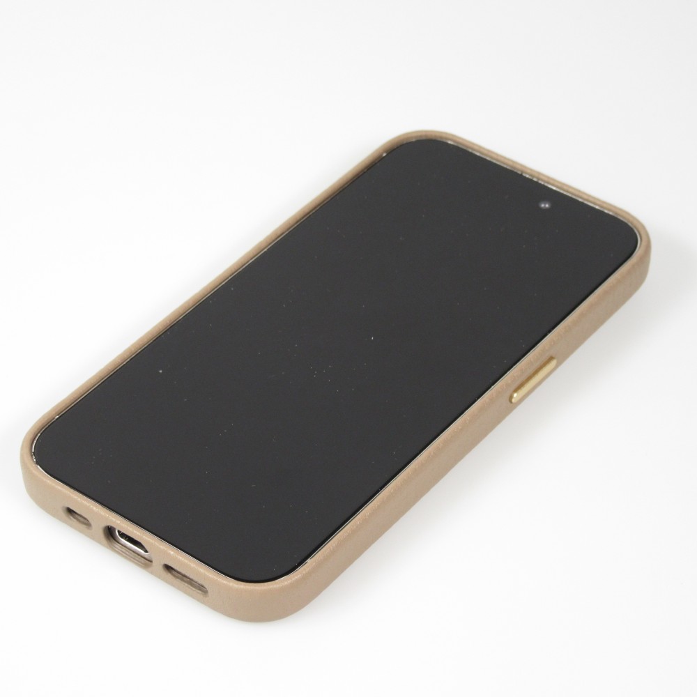Coque iPhone 14 - Cuir de veau luxe grainé intégral avec boutons métalliques et MagSafe - Beige