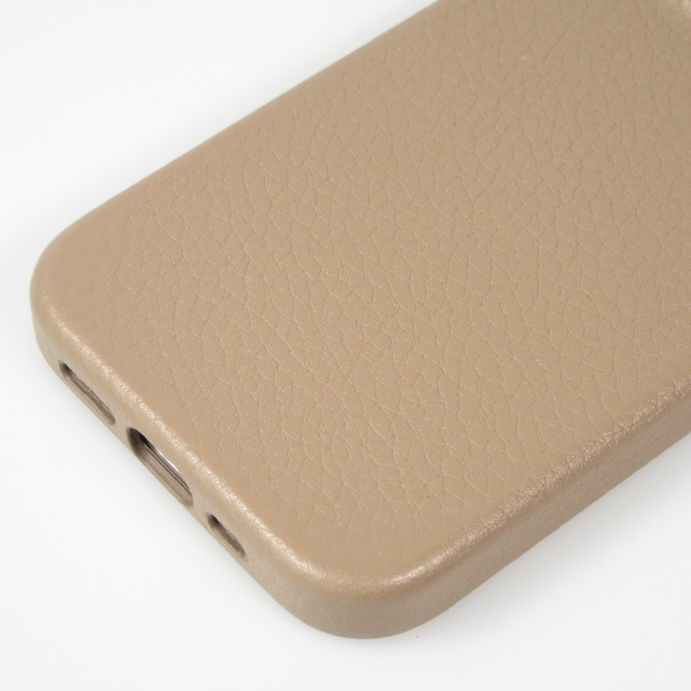 iPhone 14 Case Hülle - Vollständig genarbtes Luxuskalbsleder mit Metallknöpfen und MagSafe - Beige