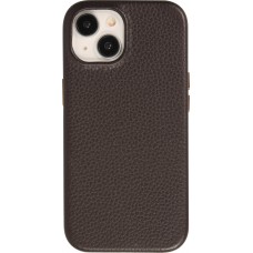 iPhone 15 Case Hülle - Vollständig genarbtes Luxuskalbsleder mit Metallknöpfen und MagSafe - Dunkelbraun