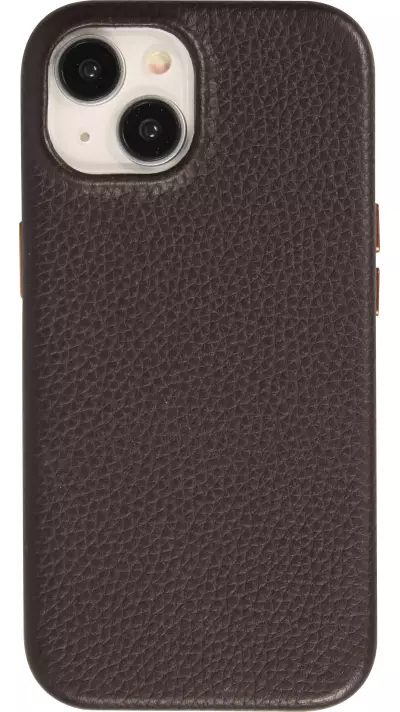 Coque iPhone 15 - Cuir de veau luxe grain&eacute; int&eacute;gral avec boutons m&eacute;talliques et MagSafe - Brun fonc&eacute;